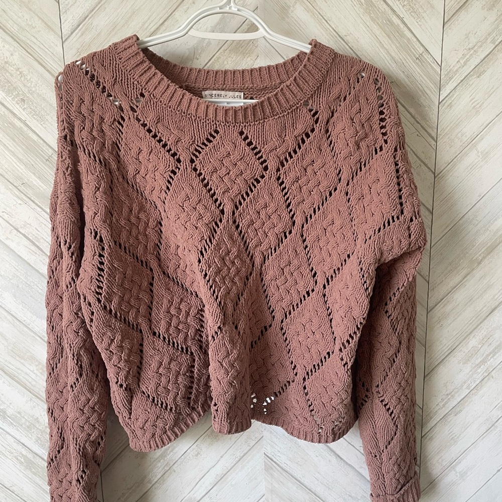Sincerely Jules Brown Crew Neck Sweater with Cable Knit Design